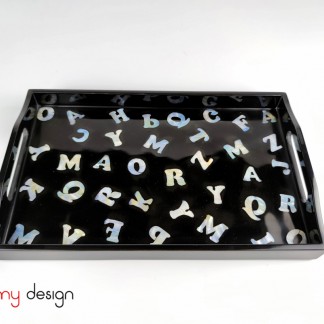 Black rectangle lacquer tray attached with pearl letter 20x32 cm